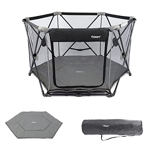 Image of Abon Babies 6 Panel Play Pen Playard for Infants Portable Indoor and Out Door Washable Easy Assemble Play Activity Area with Mat and Carrying Bag for 1-6 Age 53" Wx 30" H(Grey