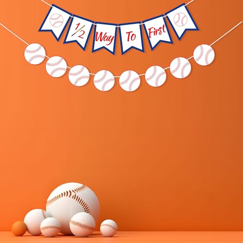 Image of Baseball 1 /2 Way to First Banner Half Birthday Party Decorations | Baseball Garland, Baseball Birthday Banner for High Chair Decorations, 6 Months Photo Shoot Props