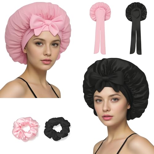 #VerdientProvisionen<br>2 Stück Satin Seidenhaube zum Schlafen in Seidenoptik Verstellbare Haarhaube für die Nacht für Lockiges und Lange Haare Bonnet Sleep Cap Bonnet Seide Schwarz und Rosa