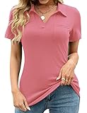 Womens V Neck Polo Shirts Short Sleeve Collared Tops Loose Casual Tunic Blouses with Pocket Coral M