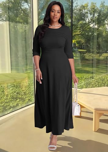 Image of FANDEE Fit-and-Flare Maxi Dress Round Neck Pleated Front Side Pockets | Front pleats soft flatter your bust shape; Empire Waist lengthen your figure; 3 /4 sleeves round neck suit for many occasions