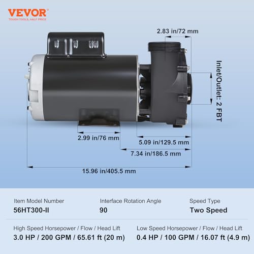 Image of VEVOR 2 Speed SPA Pump, 56-Frame, AC 220V Hot Tub SPA Pump, 3 HP / 200 GPM / 65.61 ft High Speed or 0.4 HP / 100 GPM / 16.07 ft Low Speed, 2'' Port 90 Rotational Interface for Hot Tub