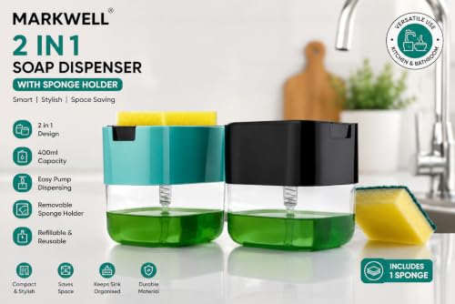 Image of MARKWELL 2 in 1 Kitchen Soap Dispenser with Sponge Holder, 400ml Dishwash Liquid Dispenser for Kitchen Sink, Refillable Dish Soap Pump, Liquid Soap Dispenser for Kitchen & Bathroom