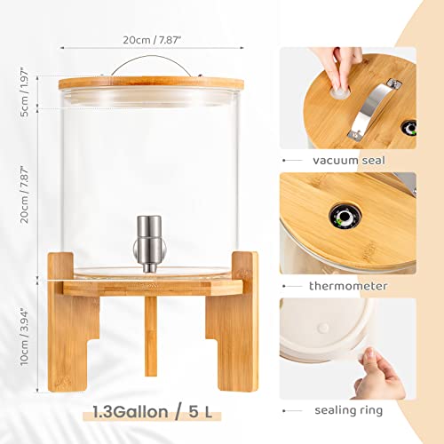 1.3 Gallon/ 5L Beverage Dispenser With Stand, Glass Gallon Drink Dispenser With Stainless Steel Spigot Stand And Lid Fridge Dispenser Container For Hot Or Cold Drinks, Water, Juice, Liquid, Ice Tea #TOP1
