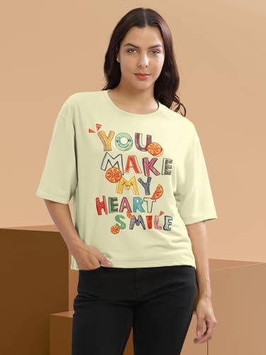Image of HELLCAT Beige Printed Loose Fit Crew-Neck Crop T-Shirt for Women
