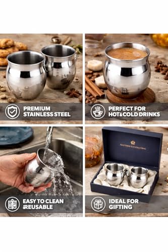 Image of Anything & Everything Stainless Steel Kulhad Cups Set of 2 | Unbreakable Tea & Coffee Glasses | Traditional Design Double Wall Look | Reusable & Durable Drinkware for Home, Office & Travel (Silver)