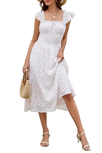 Image of Women's 2026 Spring Summer Floral Midi Dresses Square Neck Smocked Waist Beach Wedding Guest Long Flowy A Line Sundress