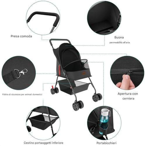 Bakaji Passeggino Per Animali Domestici Carico Massimo 15Kg, Carrozzina Per Cani E Gatti Pieghevole E Salvaspazio Con Cestello Portaoggetti E Ruote Bloccabili, Cappottina Protettiva Anti Uv (Nero) - 3
