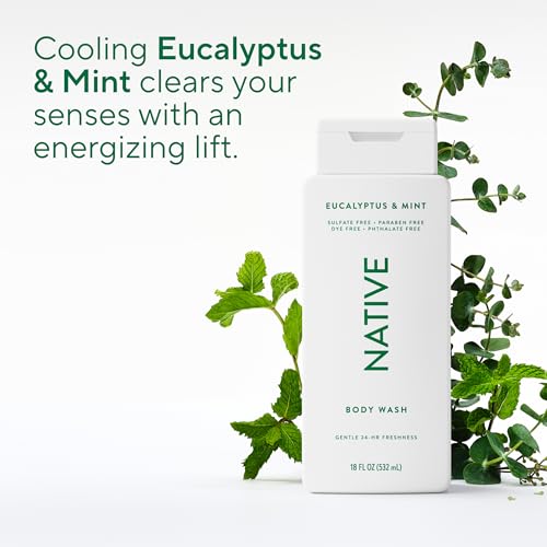 Image of Native Clean Body Wash, Gentle & pH-balanced for Sensitive Skin, 24-Hr Freshness for Women & Men, Vegan & Cruelty-Free, Free of Sulfates, Parabens & Phthalates, Eucalyptus & Mint, 18fl oz