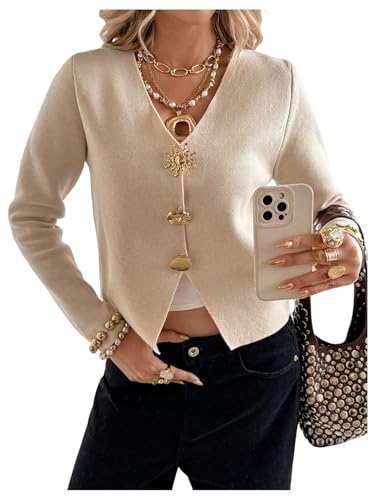 Image of MakeMeChic Women's Metal Button Down Cardigan V Neck Long Sleeve Lightweight Sweater