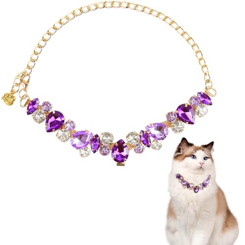 Image of HOWWFALY Purple Diamonds Gold Link Style Cat & Dog Collar with Pet Paw Design, Stainless Steel, Adjustable, L, Unisex, Small & Medium Pets