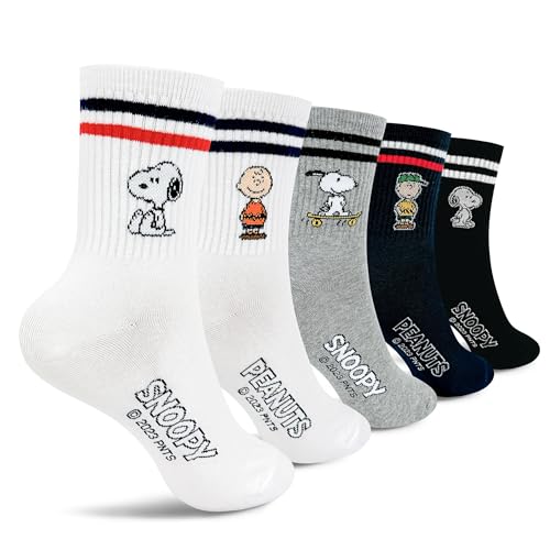 Yolo Studio Peanuts Character Crew Socks Collection 5 Pairs Snoopy and Friends Design White and Multi-Color (US Alpha One Size Regular Regular Style-3)