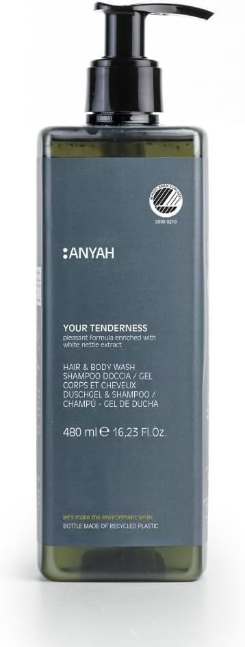 ANYAH Gel de Ducha y Champú - 480 ml - Gel de Baño Delicado con Ortiga Blanca - Jabón Cuerpo Vegano - Certificado Ecolabel