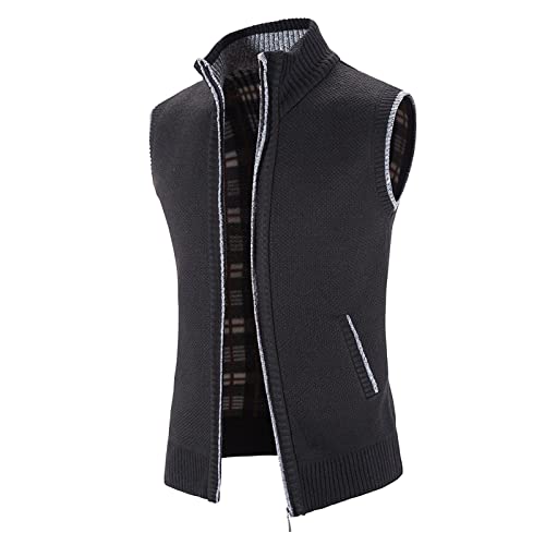 Men's Casual Plaid Sleeveless Vest Zipper Fly Stand Collar Tops Sweater Cardigan Men Casual Button Sweater (Black, Xxxl) #TOP3