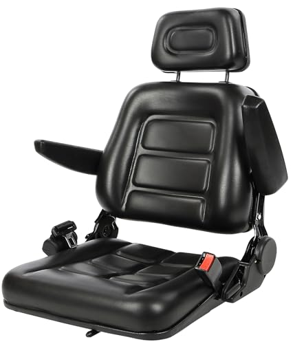 Ergonomic Tractor Seat, Universal Forklift Seat, Lawn Mower Seat, Adjustable Headrest & Armrests Safety Belt System (Black6)