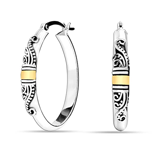 Lecalla 925 Sterling Silver Jewelry Lightweight Two-Tone O Shape Antique Bali Hoop Earrings For Women Teen 30Mm #TOP2