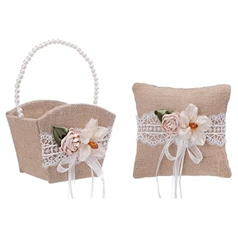 BestAlice Wedding Flower Girl Basket And Ring Bearer Pillow Set of 2, Rustic Burlap Lace Decor Ring Bearer Pillow And Flower Girl Baskets for Wedding Home Decor Cover