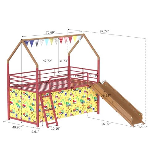 Image of Jack Metal Junior Twin Loft Bed with Slide & Curtain Set - Superhero Gold /Red