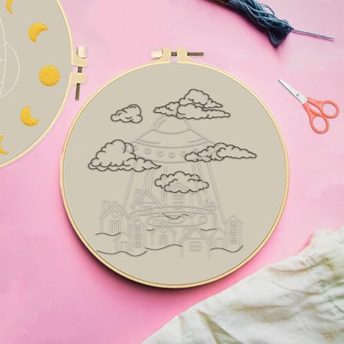 Image of FREEBLOSS 4 Set 8'' Embroidery Kit for Beginners UFO&Alien Pattern Embroidery Kit with Instructions Full Kit of Embroidery Cloth 2 Embroidery Hoops 9 Colors Flosses