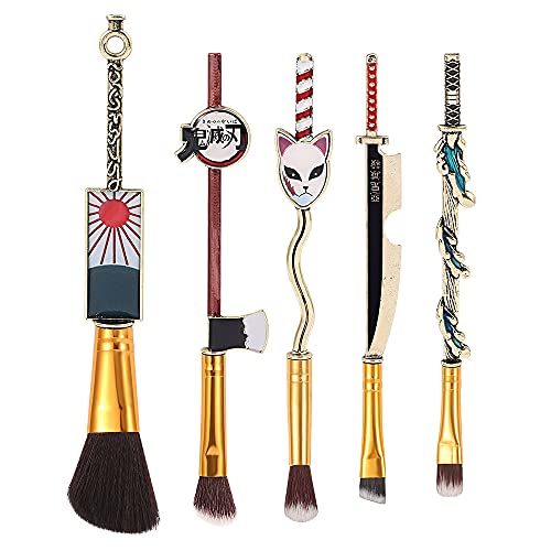 Anime Make Up Brushes Set, 5pcs Cosmetic Kimetsu Cosplay Figure Metal Handle Makeup Brushes Set Gifts For Women Girls Fans (A)