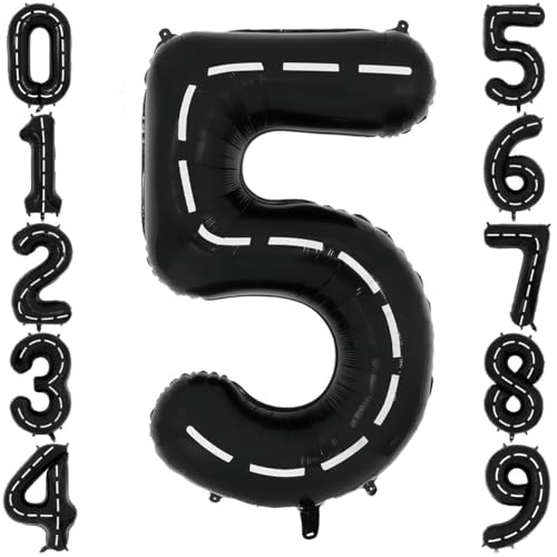 Race Car Birthday Balloons, 40 Inch Black Number 5 Foil Balloons, Race Track Mylar Balloon for Race Car Themed Birthday Party Decorations (Number 5)