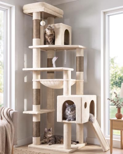 Image of Globlazer Heavy Duty Cat Tree Tower, 70inch Sturdy Cat Tree for Indoor Cats Sturdy Large Cat Tower with Scratching Post and Scratching Board, Hammock, Cat Condo for Adult Cats Kittens, F70 Pro, Beige
