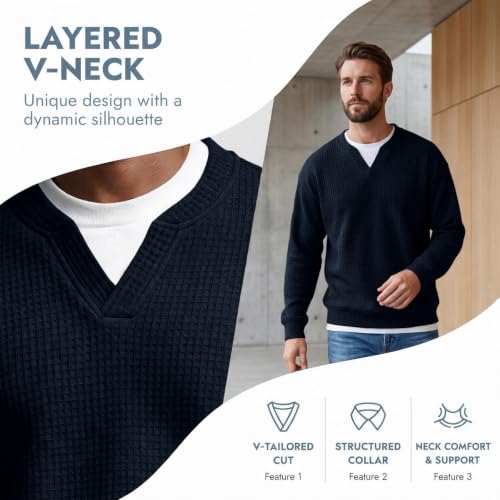 Mens Waffle Knit Layered Top Long Sleeve V Neck Casual Shirts Fall Outfits - image 4