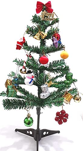 Own Box Mini Decorated Christmas Tree, 2 Feet X-Mas Tree with 20 Pieces of Assorted Decoration Ornaments & 2 Free Santa Caps (Balls, Bells, Drums, Stars, Candy Sticks ETC)