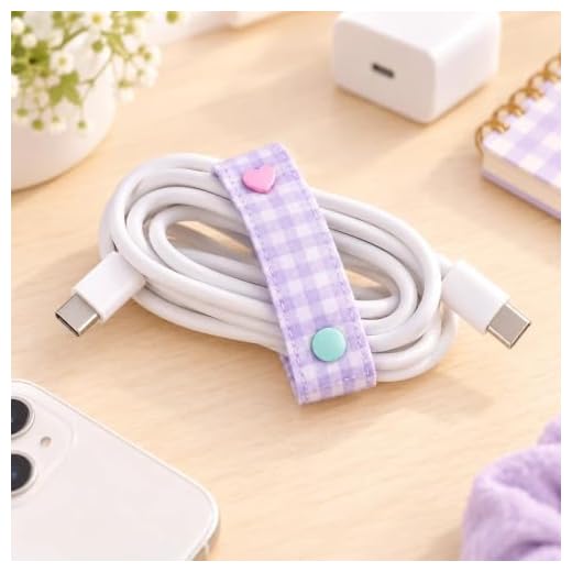 Cute Plaid Fabric Cable Organizer Heart Decor Cord Winder Clip