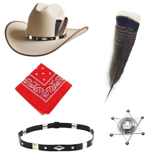 Feathers Leather Hatband for Western Cowboy with Red Paisley Bandana and Denim Silver Pentagram Badge,Straw Hat Belt Accessories for Pirate, Halloween, Themed Party