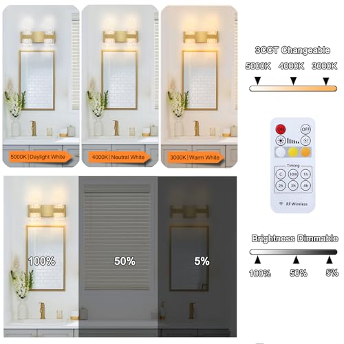 Image of Modern Polished Gold 2 Lights Bathroom Vanity Light, Eleglant LED Bathroom Light Fixtures Over Mirror, Dimmable Acrylic Shade Wall Lighting Fixtures, Hardwired Wall Light(H9.25in, L13.78in)
