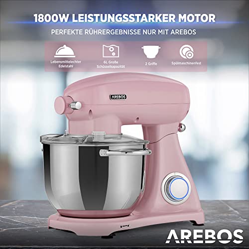 Arebos Retro Küchenmaschine 1800W Pink | Knetmaschine mit 6L Edelstahl-Rührschüssel | Geräuscharm | Küchenmixer mit… – Bild 4