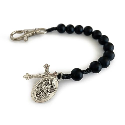 Catholic Prayer Pocket Rosary Saint Michael the Archangel Medal Black Beads Corded Rosary Keychain Tenner Open Style One Decade Rosary4