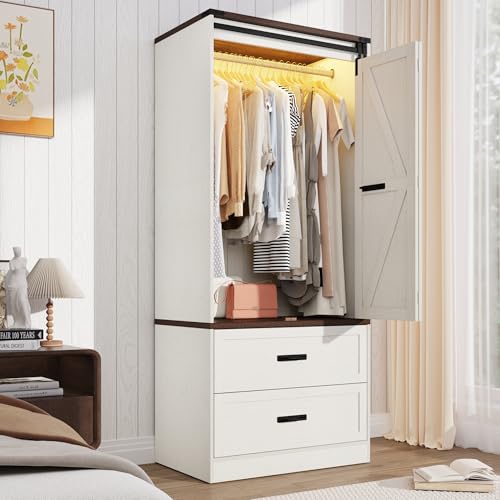 Farmhouse 2 Doors Armoire Wardrobe Closet w/Folding Sliding Barn Door and Lights, LED Armoire Closet...