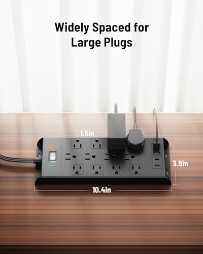 Image of Surge Protector Power Strip 4800J, LeZone 10Ft Long Extension Cord Flat Plug, 12 Outlets 2 USB C 2 USB Ports, Wall Mountable, Desk Charging Station, Black