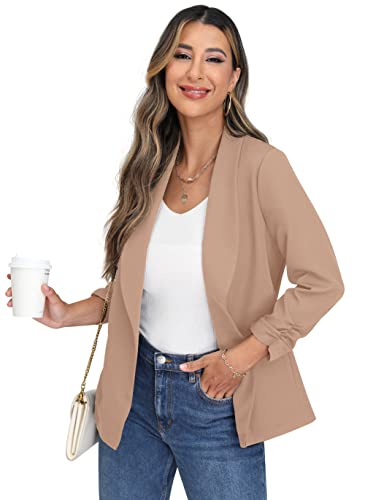 Onlystory Womens Blazer Jackets For Women 3/4 Ruched Sleeve Work Casual Lightweight Blazer With Pockets Khaki-14 #TOP2