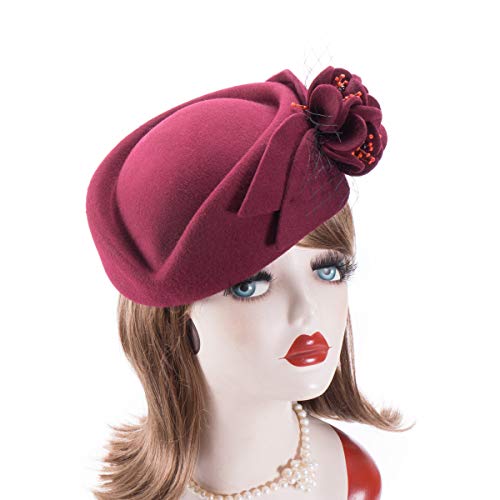 Lawliet Wine Red Women Fascinator Pillbox Felt Wool Hat Formal Dress Flower Veil A131 #TOP6
