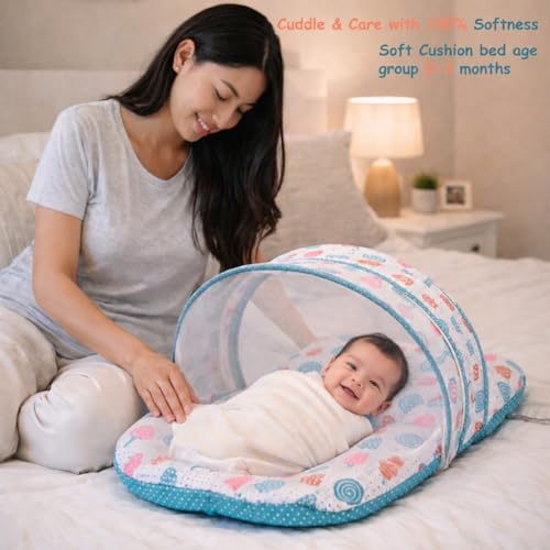 Image of Infantbond Baby Mattress with net | Baby Carry Bag | 4 Pcs Bedding Set | Baby Nest (0-6 Months) (Pista Green Sprial) (Full Set Nest)