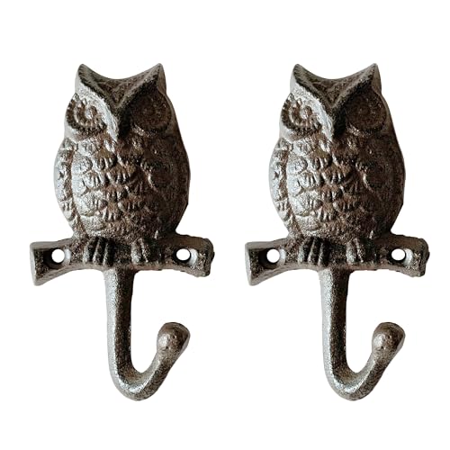 Zorues Rustic Owl-Shaped Decorative Wall Hook Rack Hangers for Hanging Clothes, Coats, Towels, Keys, and Hats, 2-Pack Antique Cast Iron Mounted Wall Hooks