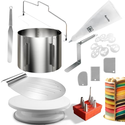 4smile Torten-Zubehör-Set 24 Teile - Tortenring verstellbar hoch 12 cm Tortenschneider Tortenheber Tortenplatte drehbar Streichpalette Winkelpalette Spritzbeutel mit Tüllen Tortenschablone