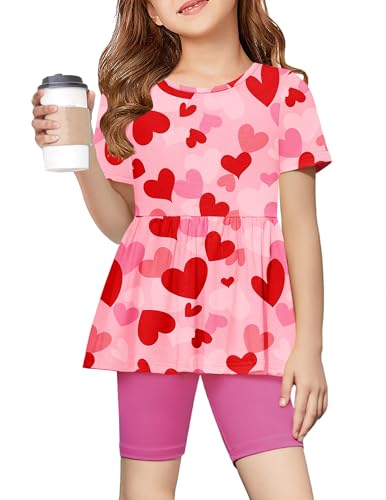 Image of Arshiner Girls Summer Outfits Short Sleeve Ruffle Hem Top and Biker Shorts Set Girl Clothes 4-15 Years
