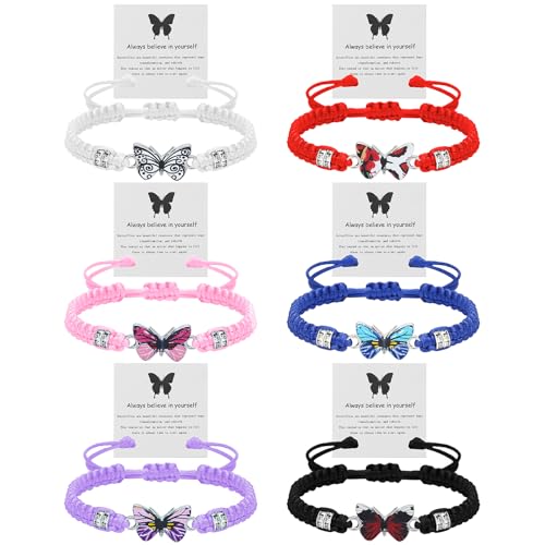 6 Pieces Always Believe in Yourself Butterfly Bracelet for Women Colorful Charm Adjustable Braided Rope Bracelets Friendship Jewelry for Friends Family Couple