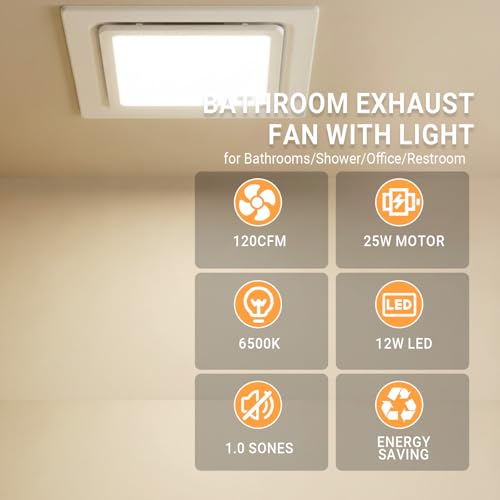 RLOZUI Bathroom Exhaust Fan with Light, 120 CFM Quiet Ventilation Fan with 6500K 12W LED Light 1.0 Sones Low Noise, 4" Duct Included Square Ceiling Mount Vent Fan for Shower Bathroom Office Home by RLOZUI - Used condition - Image 3