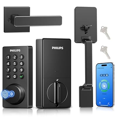 Philips Wi-Fi Smart Door Lock with Handle Set, Keypad Deadbolt for Front Door, Fingerprint Keyless Entry Door Lock with App Remote Control, IP53 Waterproof, Auto Lock, Security Easy Installation