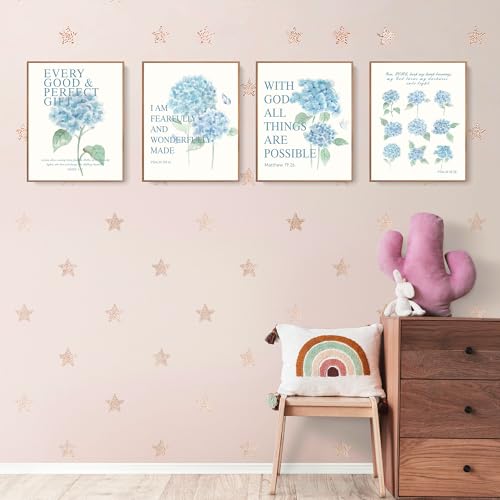 Image of LARTSFRO Hydrangea Floral Bible Wall Art Decor Posters, Blue Floral Spring Christian Room Bathroom Bedroom Dorm Wall Art Decor Aesthetic for College Teen Girls Gifts, Inspirational Bible Verses Wall Decor, 10x8 Inch Set of 4 Pcs Hydrangea Pictures (UNFRAMED)