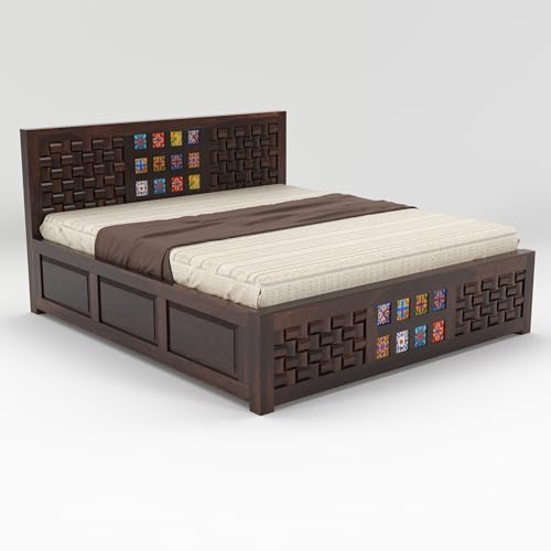 Image of Sheesham Wood King Size Bed with Storage Box | Wooden Box Bed King Size Double Cot Bed with Storage for Bedroom | Premium Niwar Tile Design Headboard Bed for Hotel, Home | Walnut Finish