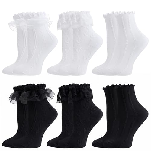 Image of Jspupifip 6 Pairs Lace Ruffle Frilly Crew Socks for Women Girls | Cotton Breathable Cute Princess Ankle Dress Lace Socks Thin Cool Casual Socks