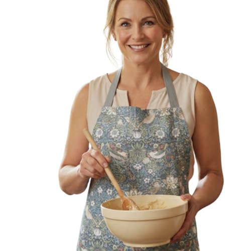 Jolee... Fabrics Wipe Clean PVC Coated Aprons - 100% Cotton Oilcloth - One Size - Easy to Clean and Splash Proof Apron (William Morris Strawberry Thief Grey Adult (75cm Length))