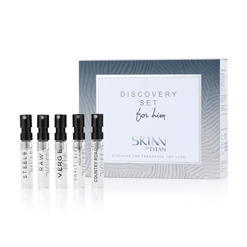 Image of Skinn By Titan |Discovery Kit of Raw, Steele, Verge, Country Road, Amalfi Bleu (2 ml x 5) | Perfume For Man| Gift Set For Men |Long Lasting Fragrances | Fresh, Woody, Spicy |Eau De Parfum