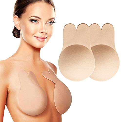 Adhesive Bra Push Up Invisible Strapless Reusable Silicone Sticky Bras for Women for Backless Dress Lift Nipple Cover Beige